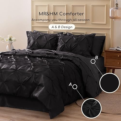 Miniatura 6 de MR&HM Edredón de satén California King de 7 piezas, color negro, lujoso juego de ropa de cama plisado con edredón, sábana encimera, sábana bajera,
