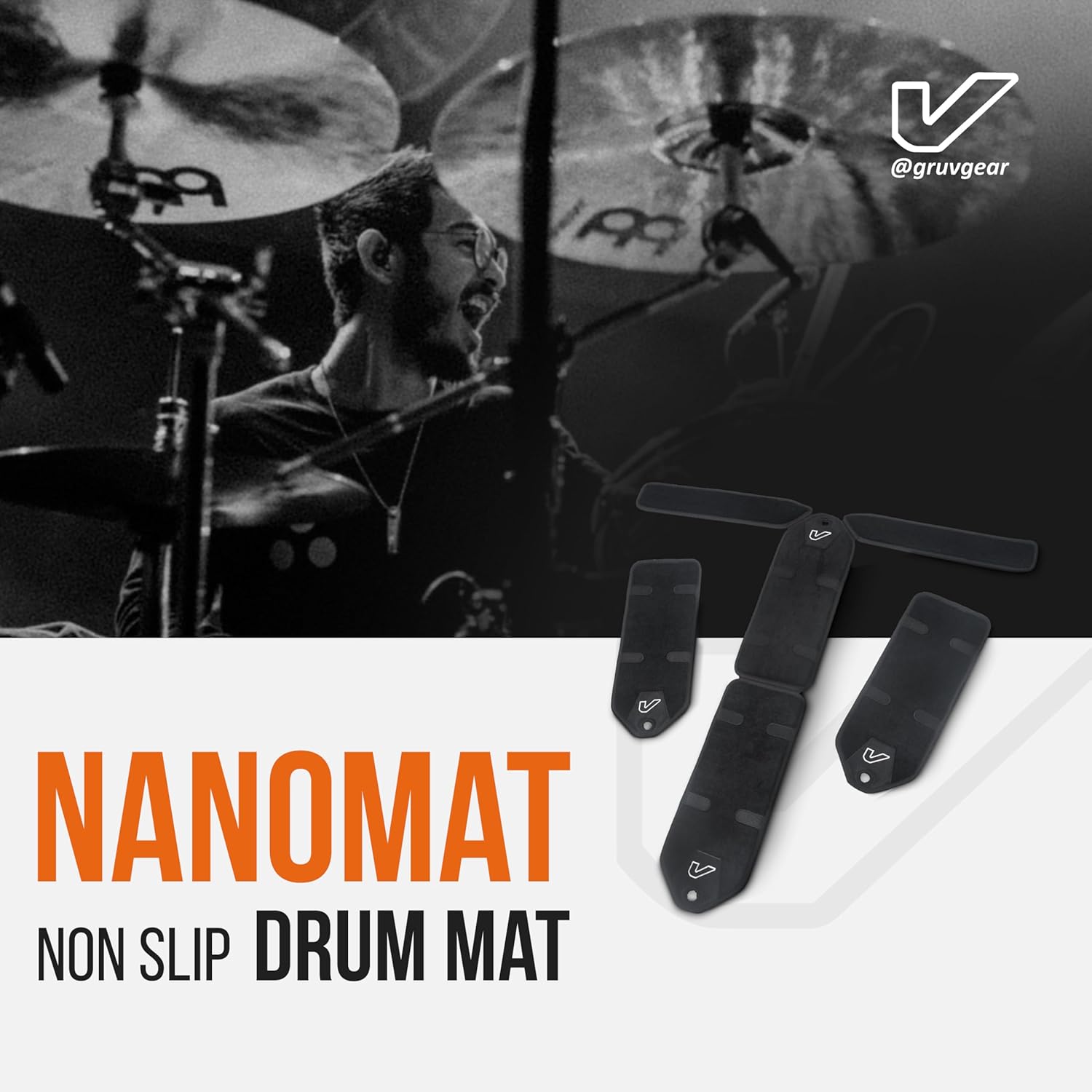 Gruv Gear NanoMat – Drum Rug, Drum Mat, Sound Proof Rug, Soundproof Floor, Carpet, Non Slip, Compact Foldable Carpet for Kick & Hi-Hat Pedals - Black/Double Pedal