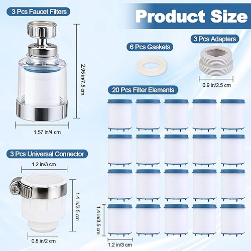 Miniatura 7 de Juego de 23 filtros de agua para grifo de fregadero con elementos de filtro, filtros giratorios de 360 grados, elimina metales pesados fluoruro,