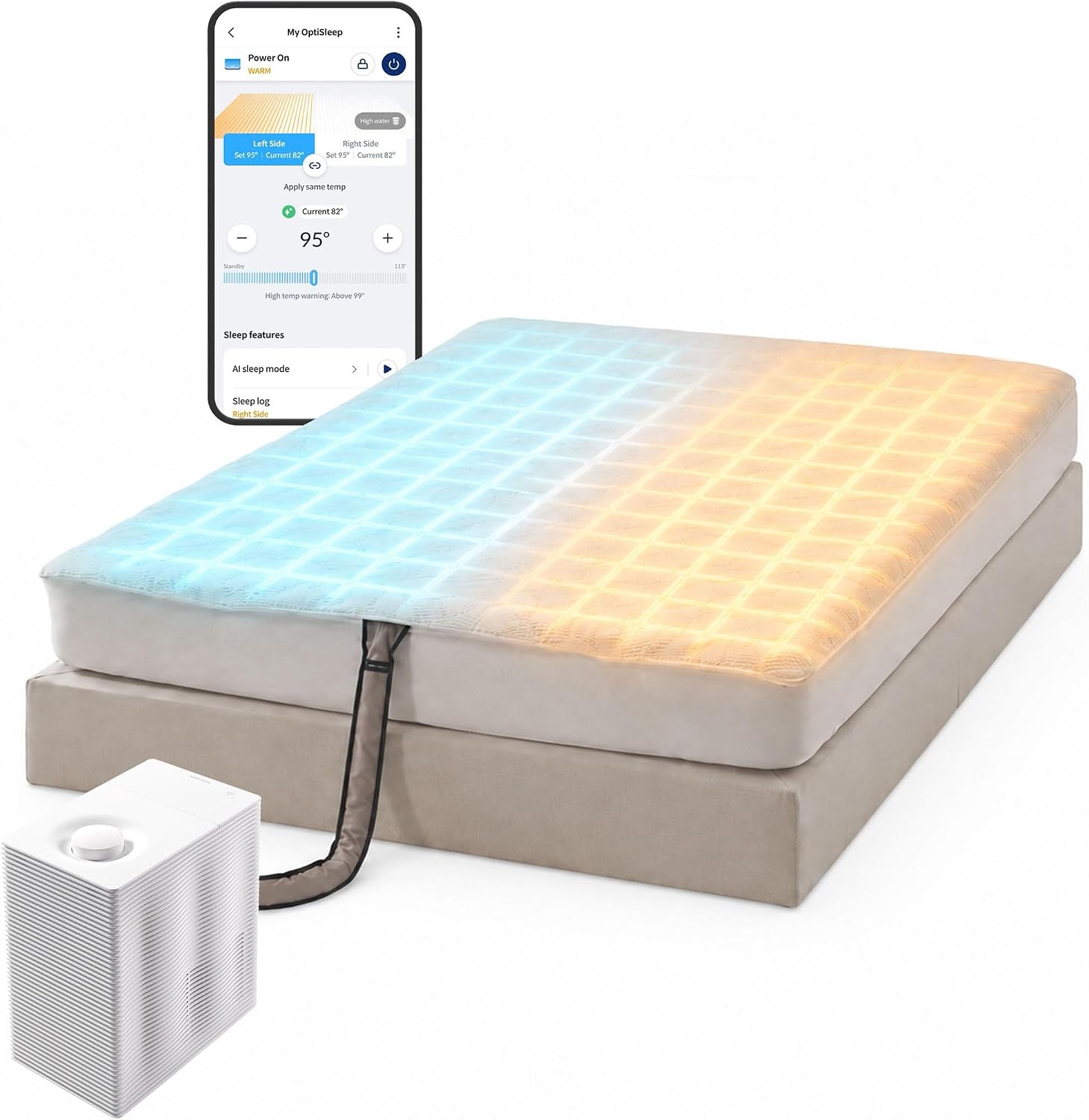 All Season Cooling & Heating Mattress Pad Queen, Water-Circulating Mattress Topper, Dual-Zone Temperature Control, AI Sleep Sensing, App Control, UV Hygiene Cycle, No Subscription