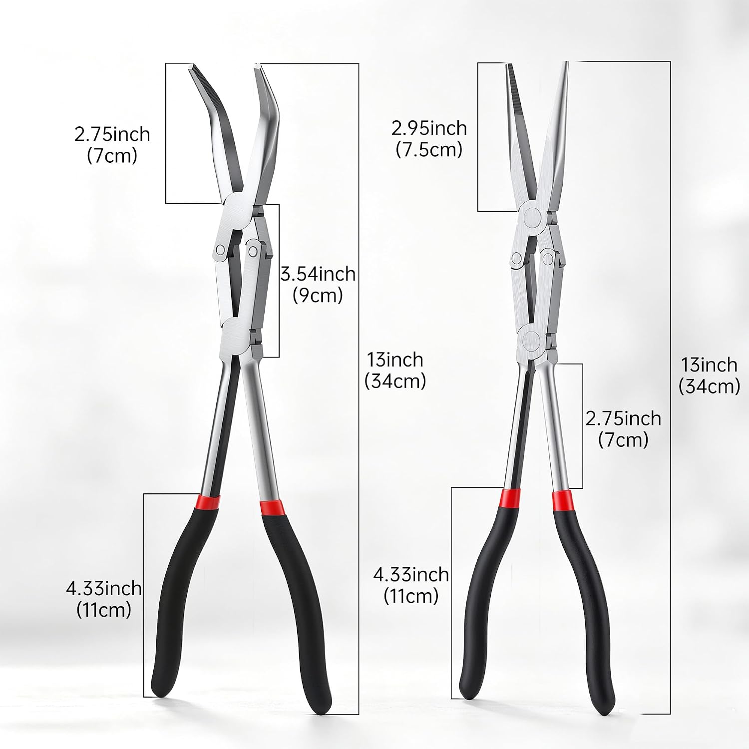 2 Pieces 13" Long Needle-Nose Pliers Set, Double Rivets, Straight Needle Nose & 45° Bent Nose Pliers, Cr-V Steel, Pliers Set for Working in Narrow Spaces