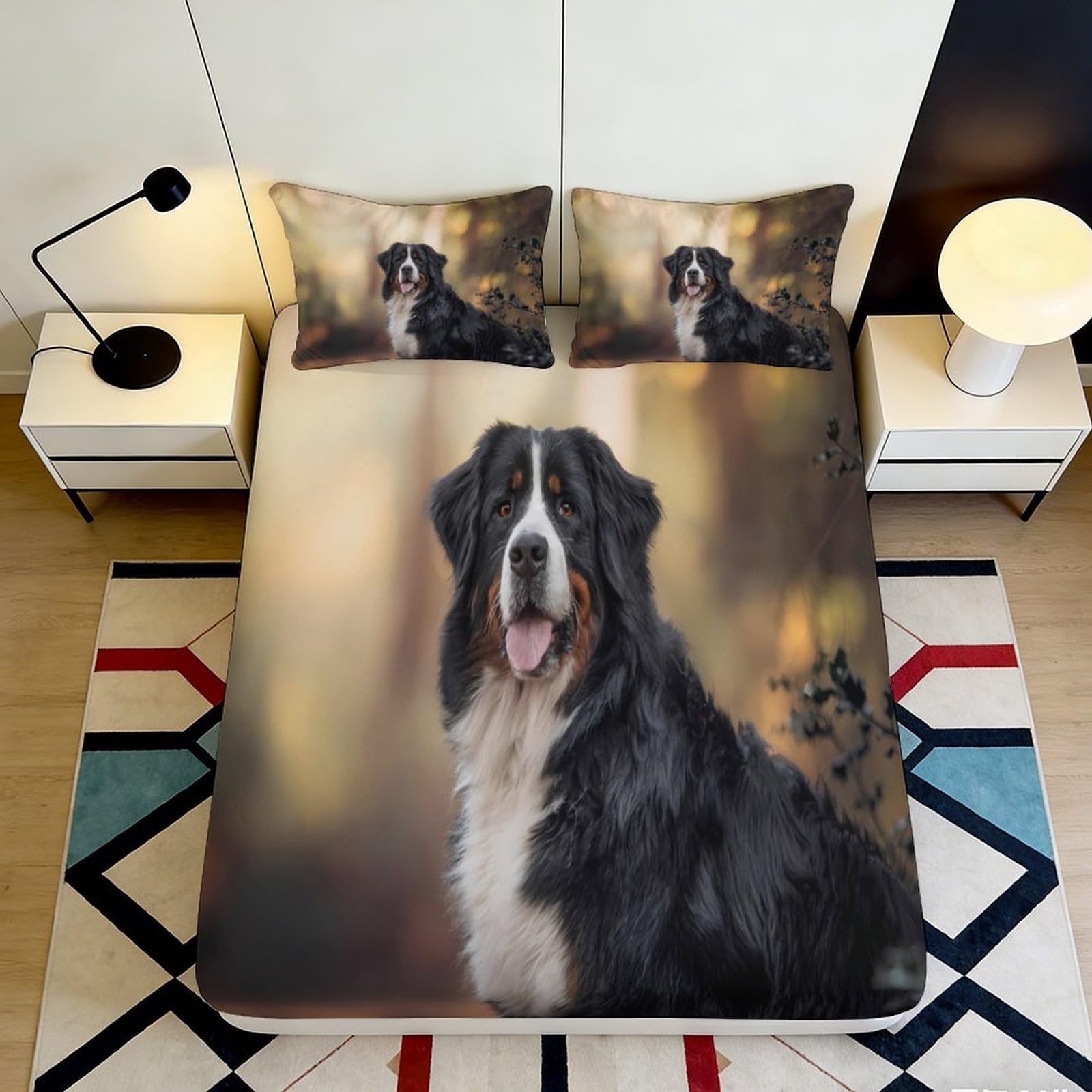 3D Printed Bernese Mountain Dog Fitted Sheet Microfiber Soft Breathable Autumn Forest Mattress Cover for Bedroom Dorm Decor 180x200x25cm