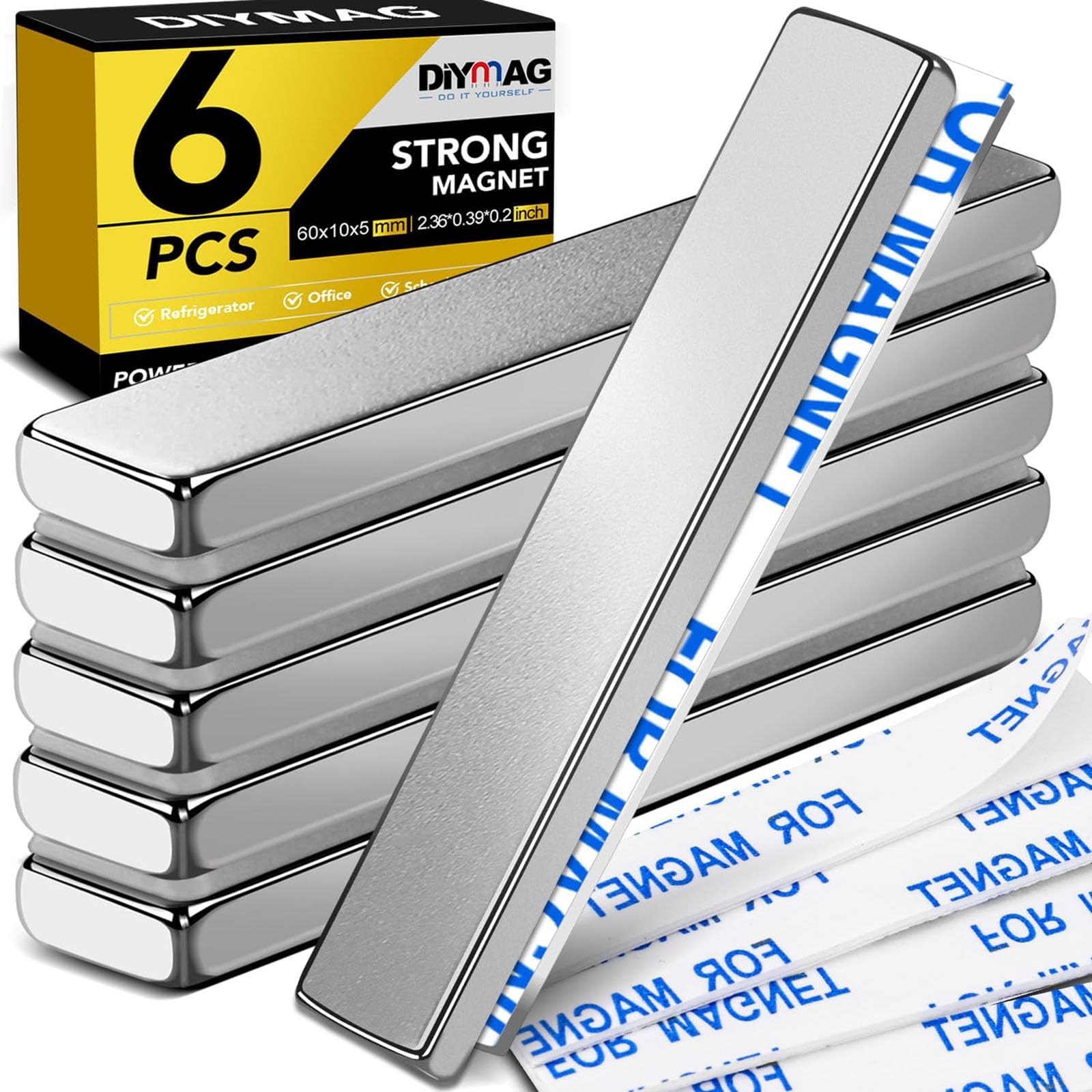Powerful Neodymium Bar Magnets, Rare-Earth Metal Neodymium Magnet, N52, Incredibly Strong 33 LB Strength - 60 x 10 x 5 mm, Pack of 6