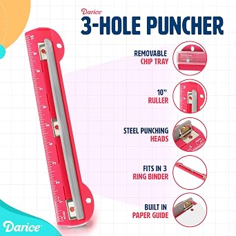 Darice 3 Hole Puncher 2 Pack - 5 Sheet Capacity Paper Punch with 10 Ruler - 3 Ring Easy-Clean Tray, Portable, Compact - Blue Pink