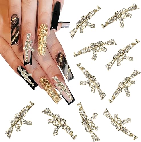 KACHIMOO Dijes de aleación para uñas, diamantes brillantes, pistola de metal 3D, dijes de pistola para uñas, diamantes de imitación para decoración