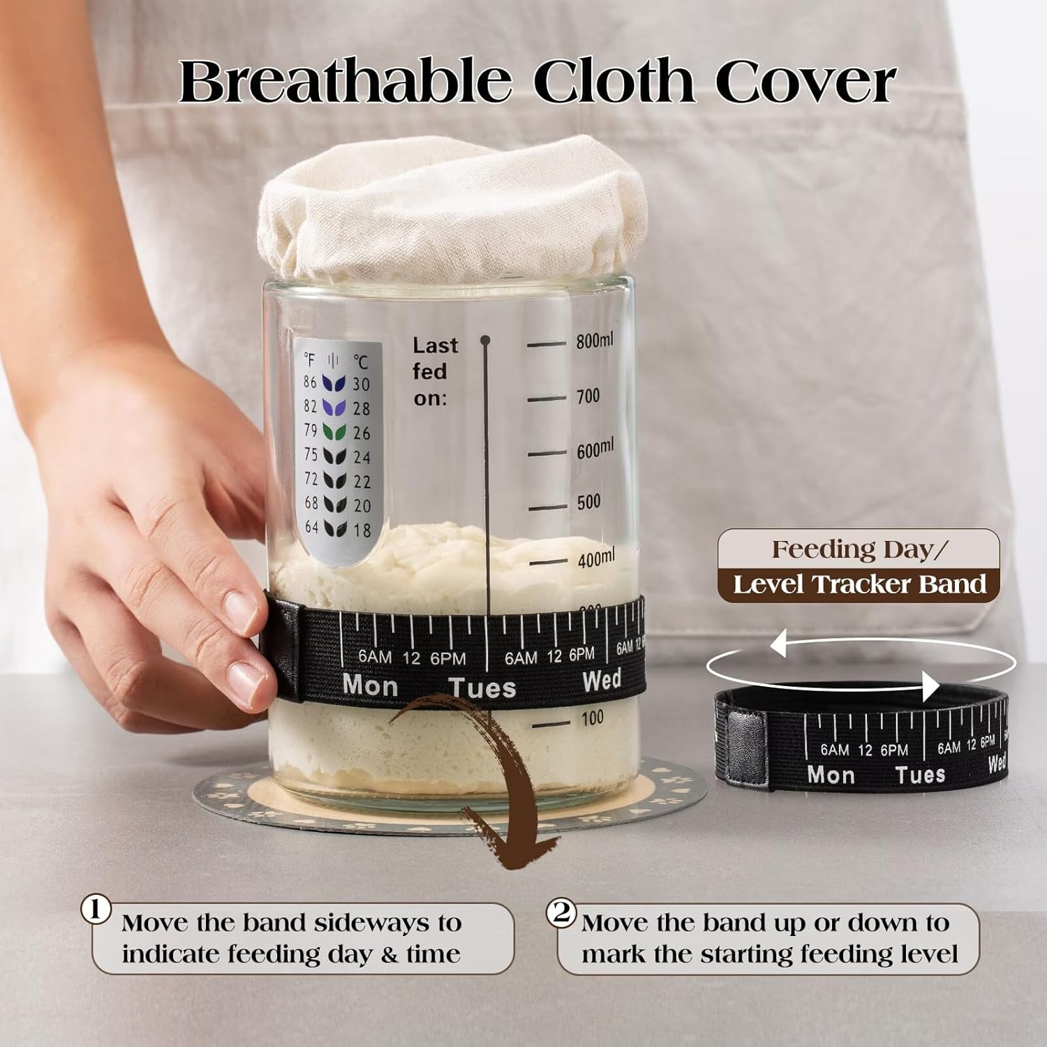 Sourdough Starter Kit,34oz Sourdough Starter Jar Glass with Sourdough Recipes Cookbook.Sourdough Bread Baking Supplies with Thermometer,Natural Wooden Lid, Anti-slip Mat,Sourdough Jar scraper (2 pack) - Image 4