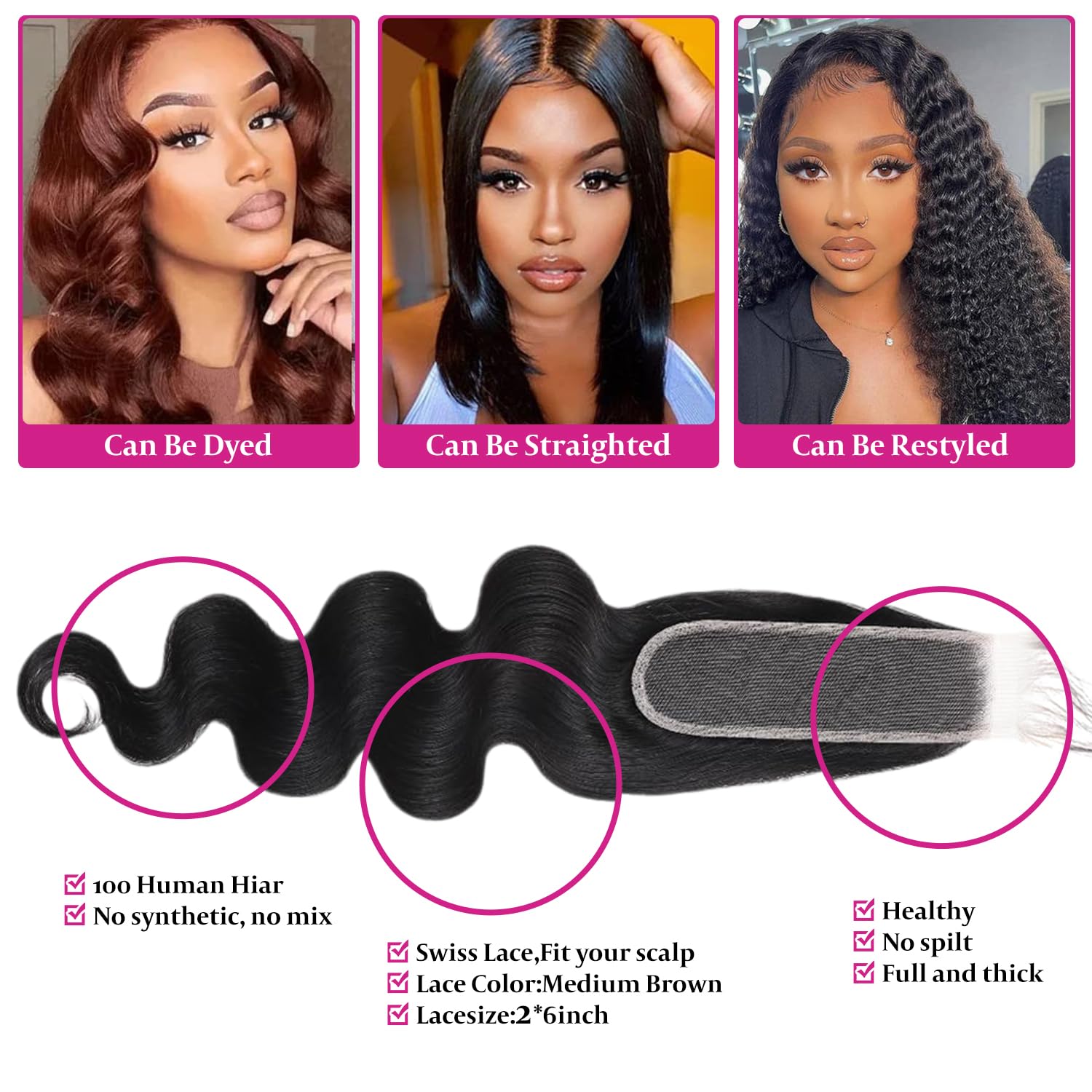 2x6 Lace Closure Body Wave HD Lace Closure Pre Plucked 100% Brazilian Virgin Human Hair Extensions for Black Women with Baby Hair Free Part Natural Color 12 Inch