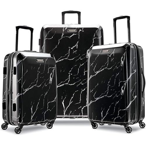 American Tourister Moonlight Hardside Expandable Luggage with Spinner Wheels, Black Marble, 3-Piece Set (21/24/28)
