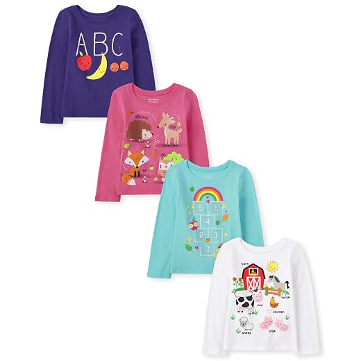 The Children's Place Baby Girls' and Toddler Unicorns,Butterflies,Trends Long Sleeve Graphic T-Shirts,4 Pack