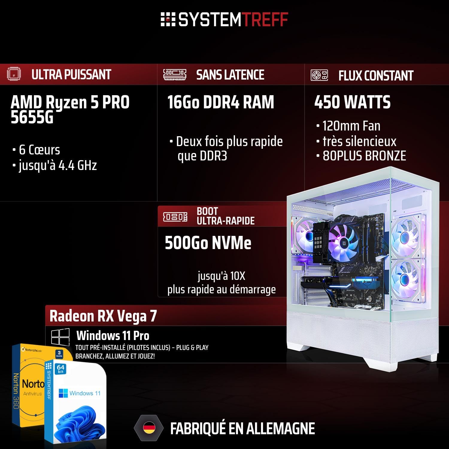 SYSTEMTREFF PC Gamer Basique - AMD Ryzen 5 Pro 5655G - 16Go RAM - 500Go M.2