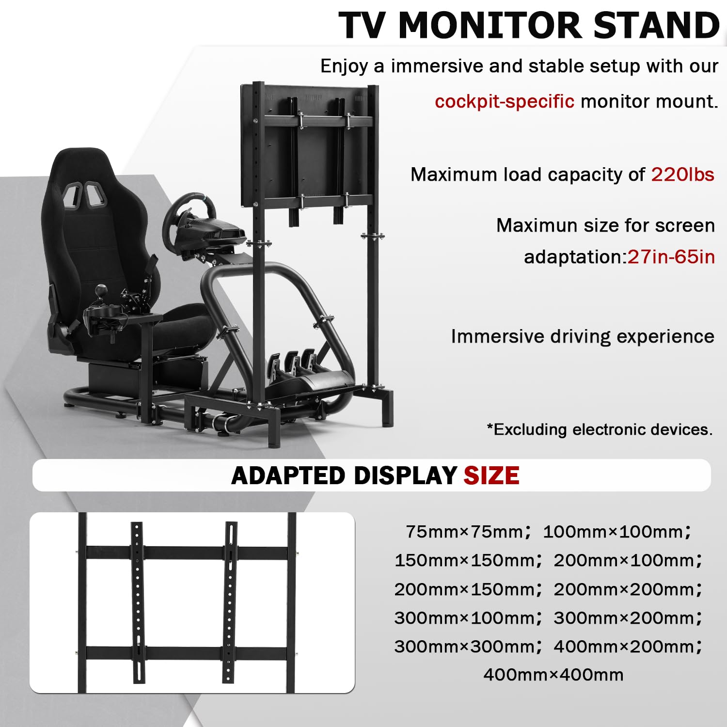 Supllueer Racing Sim cockpit con sedile ergonomico e supporto per monitor adatto per Logitech/Fanatec/Thrustmaster G27 G923 G920,50 mm grande tubo rotondo supporto simulatore di guida, no