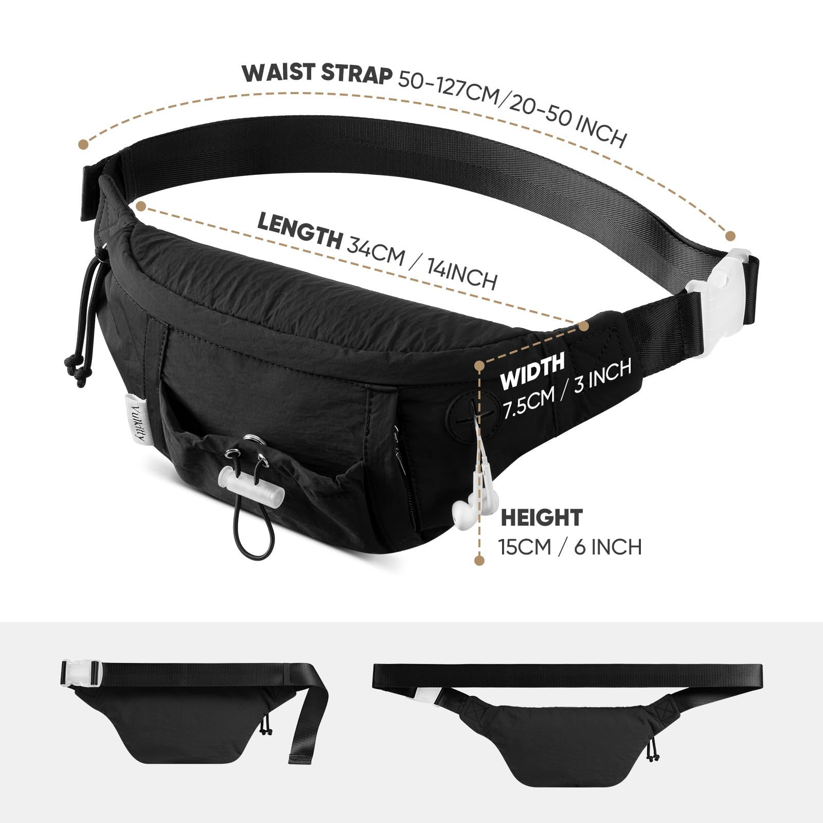 Vulkitty Bumbag for Men Women Black Fanny Pack with Adjustable Belt, Headphone Jack, Multiple Pockets, Water-Resistant Fabric - Image 4