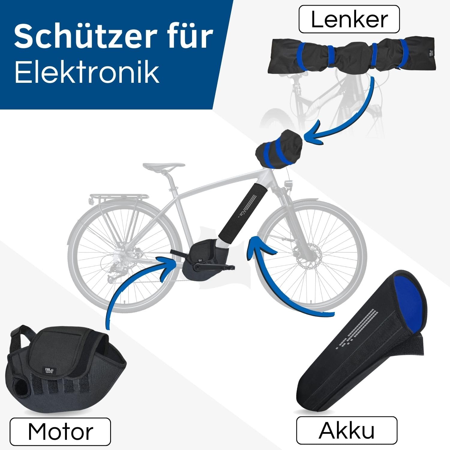 HiLo sports 3-teiliges E-Bike Transportschutz Set - Akku Schutzhülle, Motor Schutzhülle & Lenker Hülle - Elektronik-Schutz - Schützt vor Regen, Spritzwasser & Schmutz - Für alle Fahrzeuge (Blau)