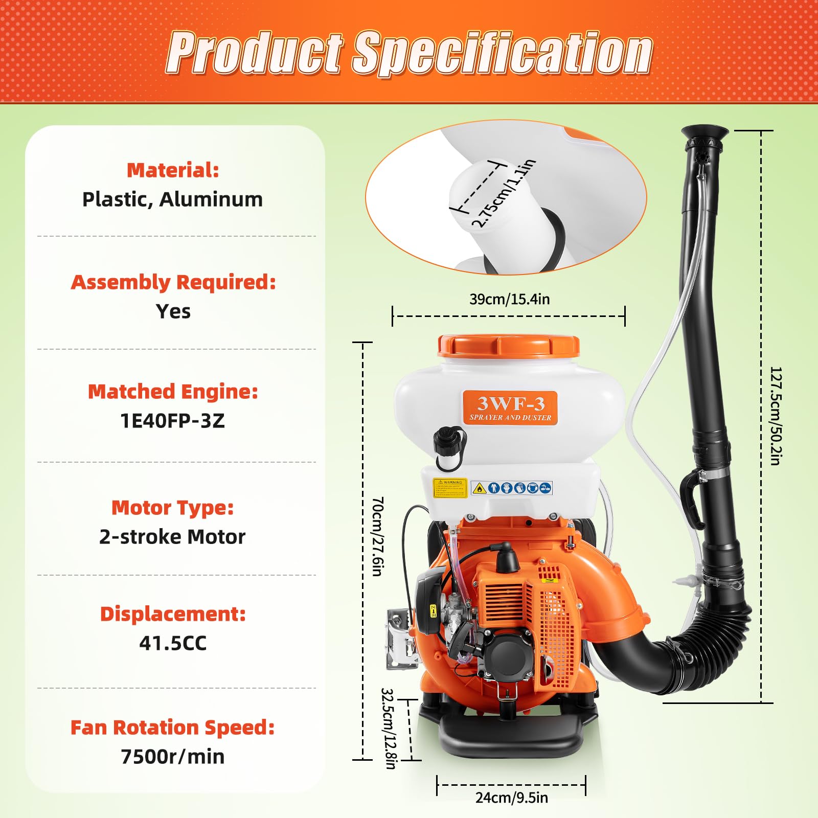 Pulverizador de mochila de 14 l, 2,13 kW, motor de gasolina de 2 tiempos, alcance de 12 m, para agricultura, bienestar animal