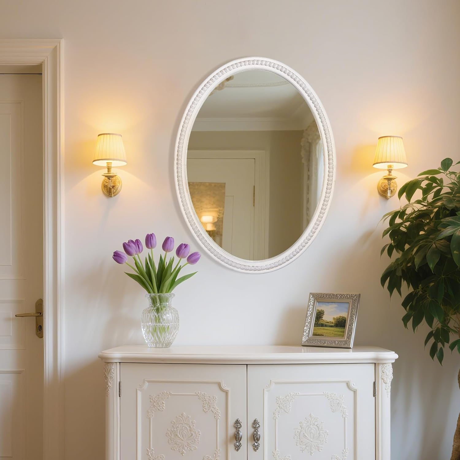24" x 32" Wall Mount Wood Beaded Frame Oval Mirror, White Real Glass Modern Farmhouse Decorative Mirror for Bathroom Vanity, Entryway, Bedroom
