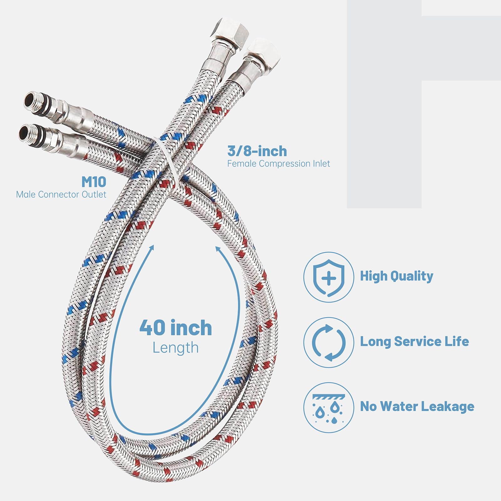 BWE 100 cm Long Faucet Connector Braided Stainless Steel Supply Hose 3/8-Inch Female Compression Thread x M10 Male Connector, x 2 Pcs (1 Pair)