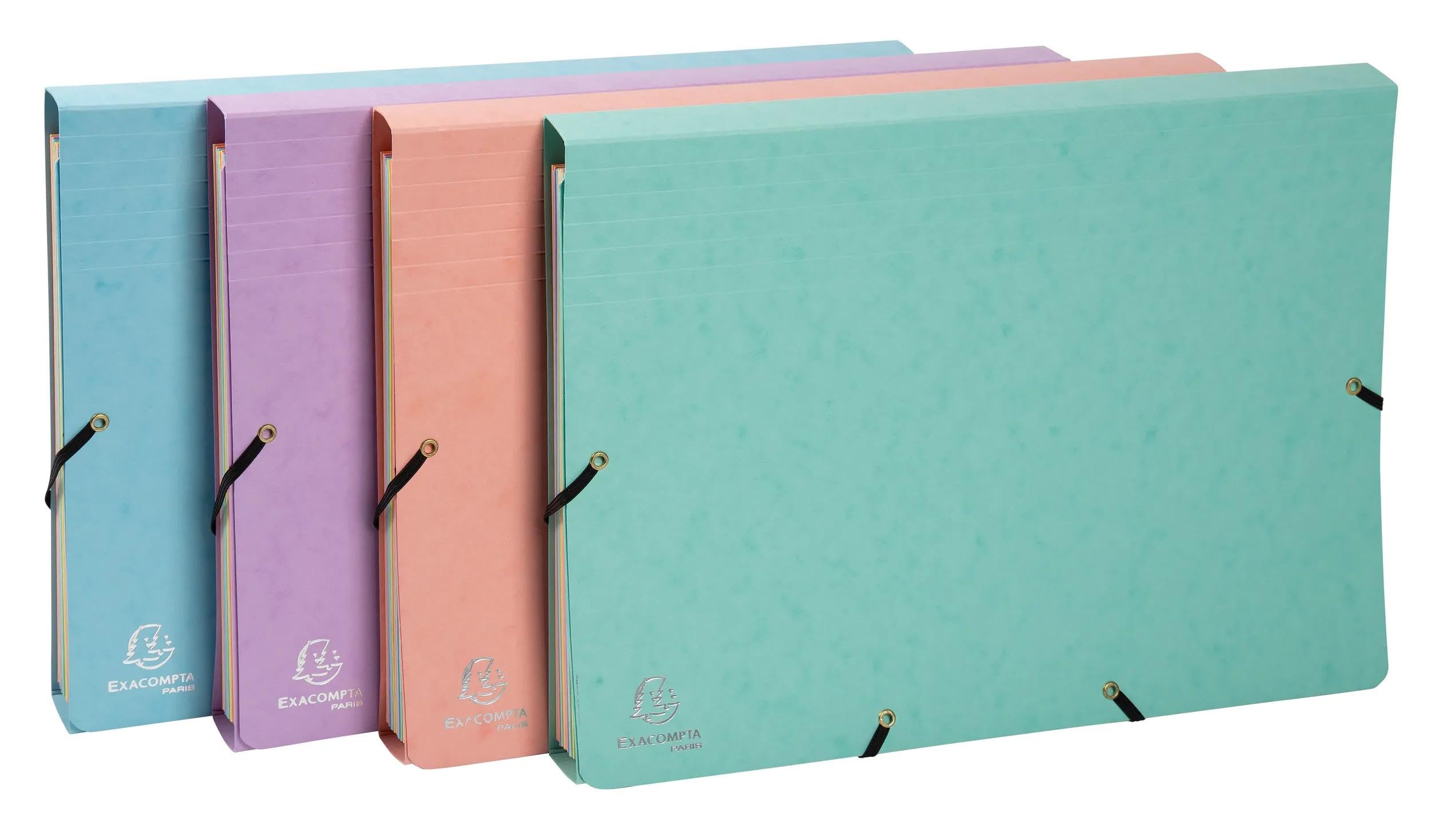 Exacompta - Réf. 58560E - Carton de 4 pochettes trieur Aquarel en carte multicolore pastel 12 compartiments - fermeture par élastiques - format 34x24,5cm pour documents format A4 - assorties