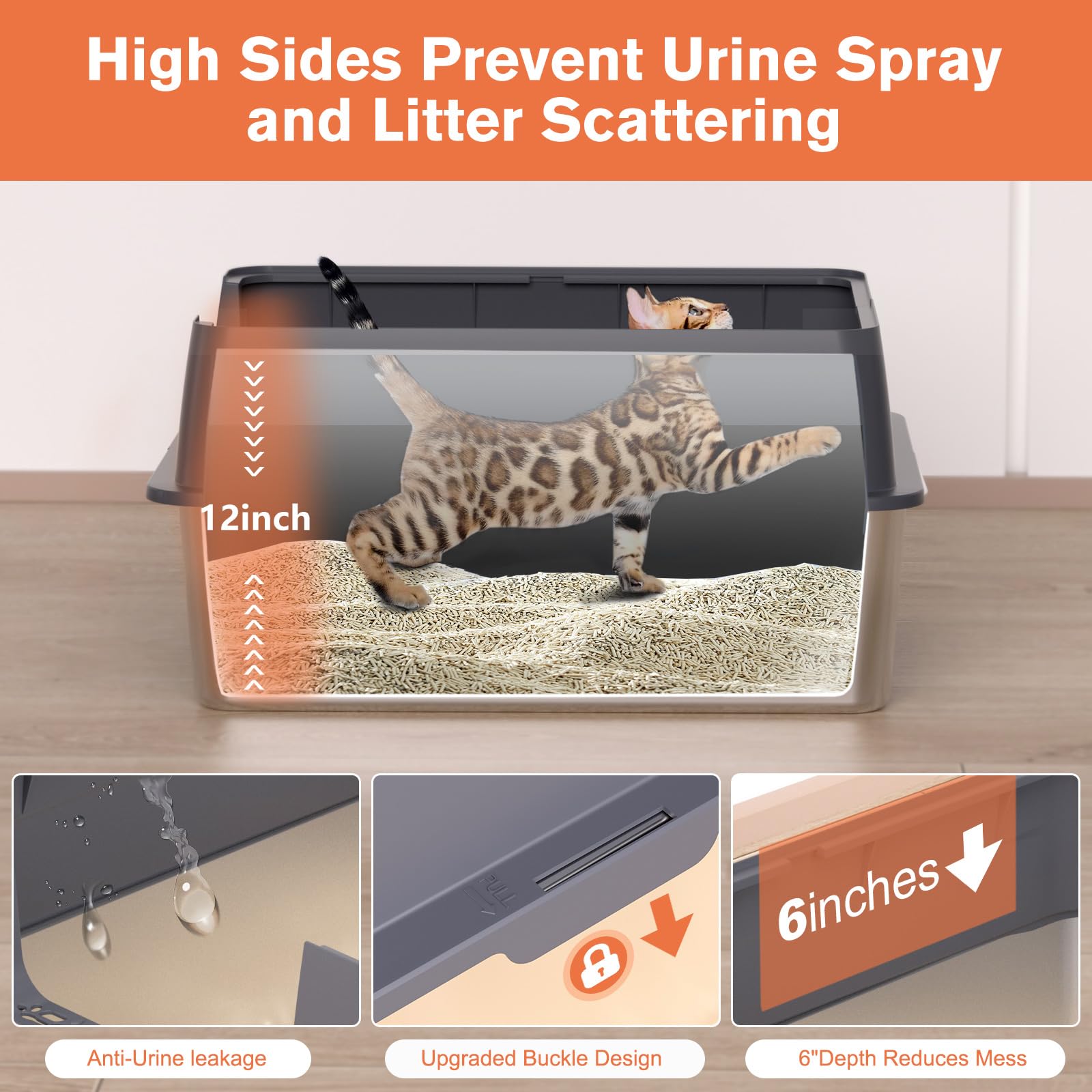 XXL Stainless Steel Litter Box with Lid, 28" Lx20 W Extra Large Cat Litter Boxes for Big Cats, Jumbo Metal Litter Box with Footboard & Scoop,Anti-Leakage,Non-Sticky,Odorless,Easy to Clean - image 3