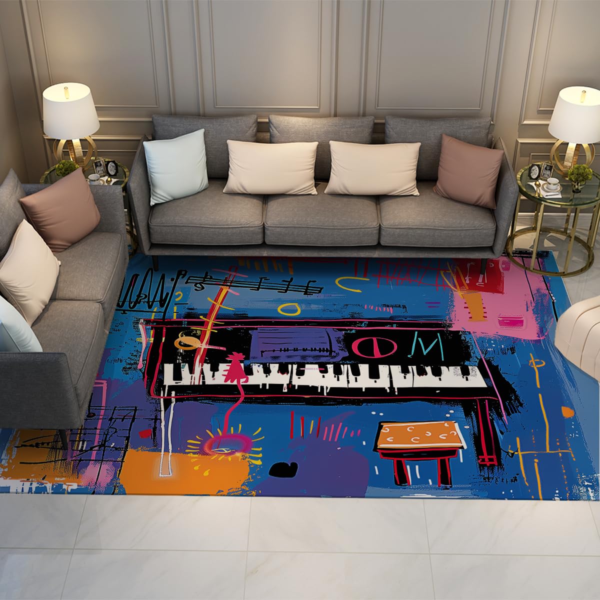 Tapis piano noir et blanc 80x150cm à poils courts pour déco de home studio