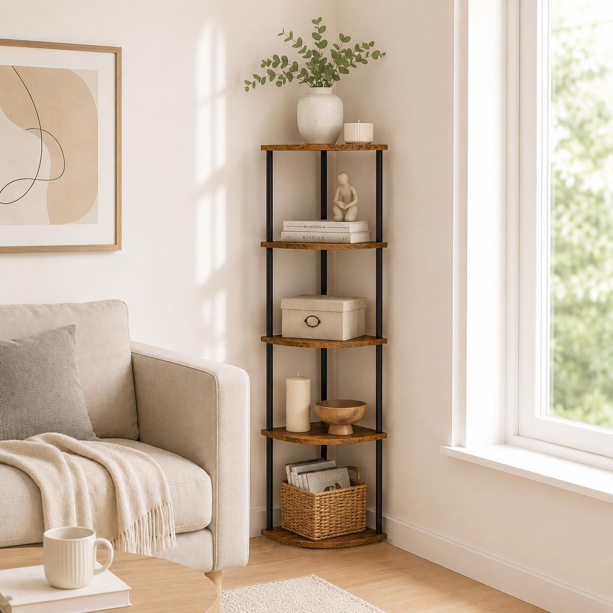 Infant Shining Corner Shelf, Freestanding Corner Display Rack, Space‑Saving Bookshelf Storage Unit, Multi‑Purpose Storage Shelving for Living Room Bedroom Home Office, Brown (5-Tier-Black)