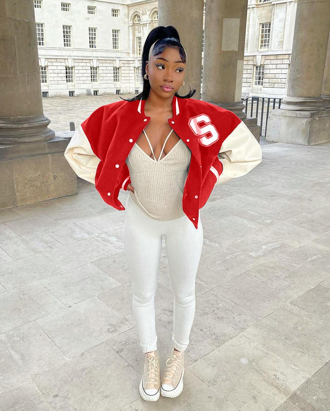 Women's Oversized Crop Bomber Jacket – Vintage Patchwork Varsity Coat, Button-Down, Baseball Style, Streetwear