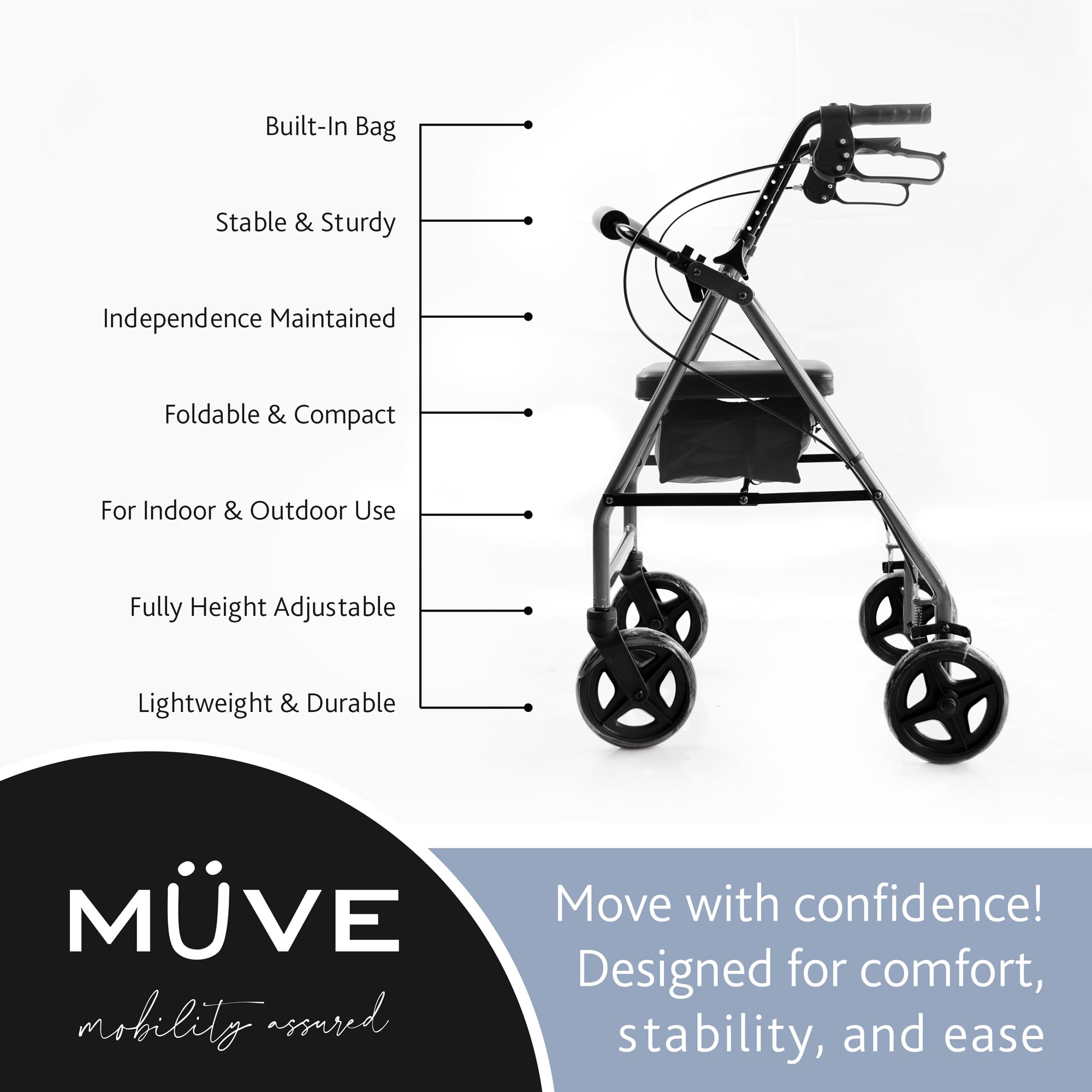 Muve Andador Con Asiento Para Personas Mayores y Discapacitadas - 4 Ruedas Estables, Andador para Exterior e Interior, Frenos de Seguridad, Plegable, Soporte de Movilidad Asistida