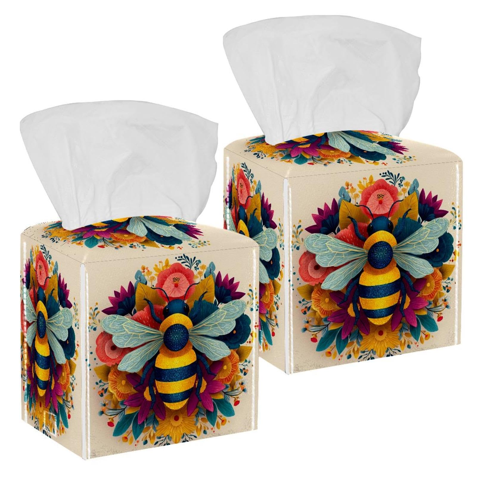 Bee Tissue Box Cover, 2 Pack PU Leather Square Facial Tissue Dispenser Box holder for Home Office Car