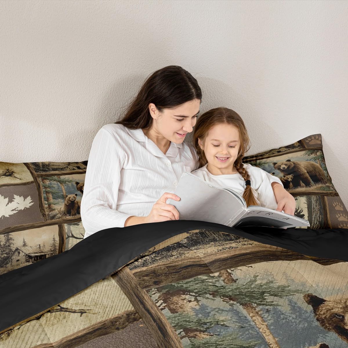 Erosebridal Grizzly Bear Deer Plaid Kids Comforter Sets Hunting Wildlife Theme King Bedding Set for Boys Men Rustic Farmhouse Cabin Comforter Set,Western Country Maple Leaf Quilt Duvet 3 Pcs