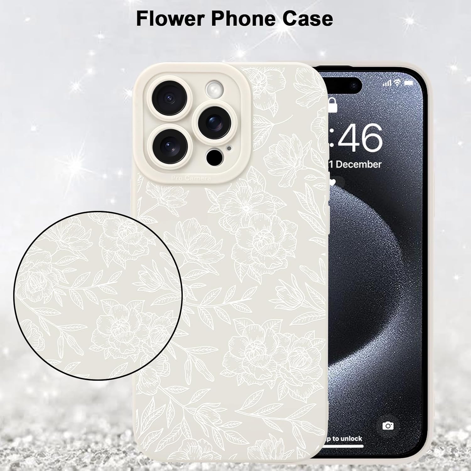 MZELQ for iPhone 15 Pro Case, Silicone Floral Flower Rose Cute Pattern, Camera Protection Soft Slim Phone Case for Phone Case -White - Image 5