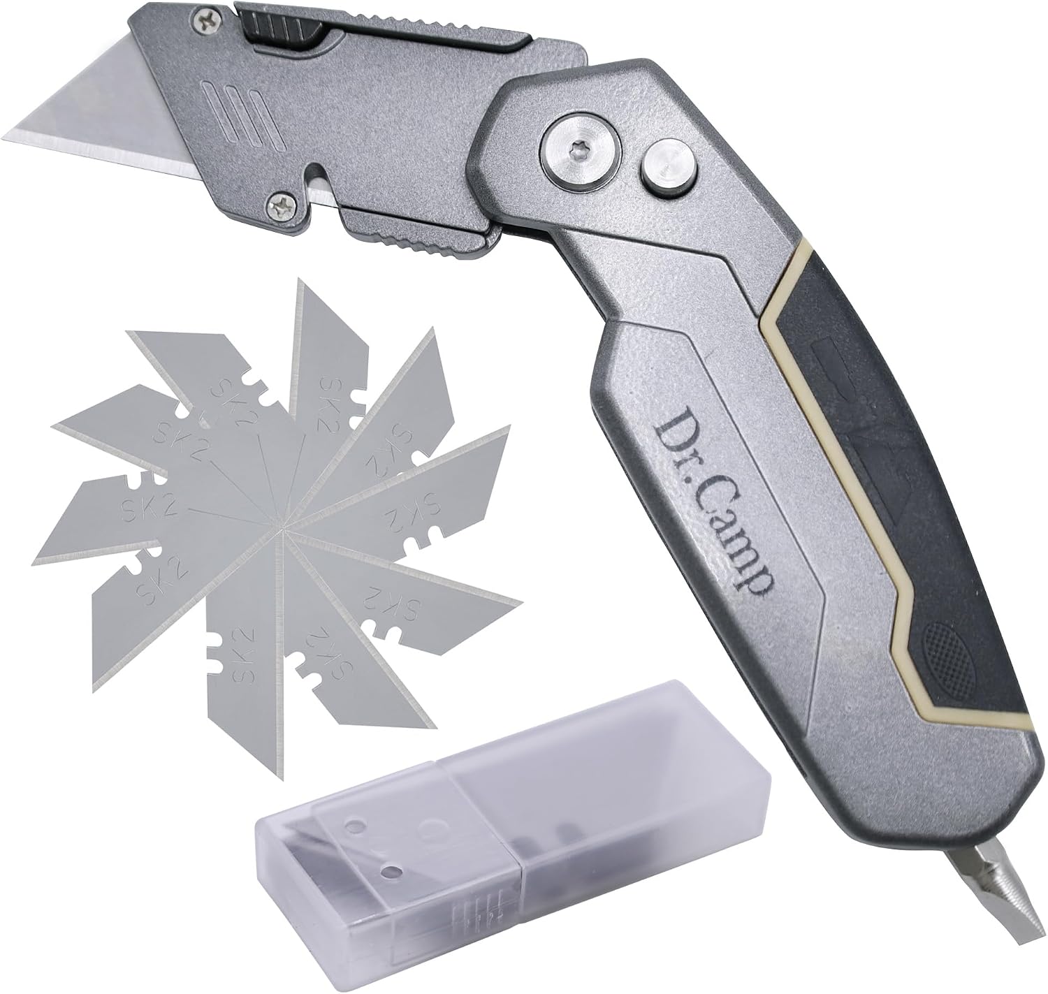 Dr.Camp Heavy Duty Folding Utility Knife – SK2 Retractable Box Cutter with Quick-Change Blade, Storage Design, Zinc Alloy Body, Non-Slip Grip for Cutting Cardboard, Cartons, Rope, and More
