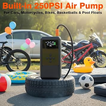 Jump Starters with Air Compressor | 250PSI Tire Inflator Portable Car Battery Booster with, 12V Supersafe Lithium Jump Box Car Battery Jumper Starter (10.0 Gas/6.5L Diesel)
