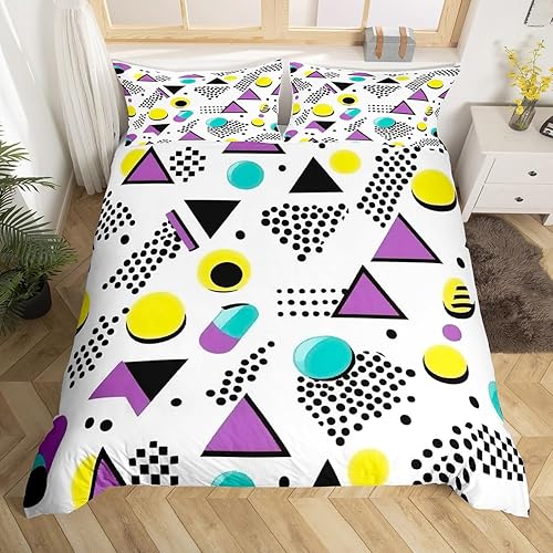 Miniatura 22 de Juego de funda de edredón estilo Memphis, tamaño matrimonial, diseño abstracto colorido con puntos funky para niños y niñas, funda de edredón