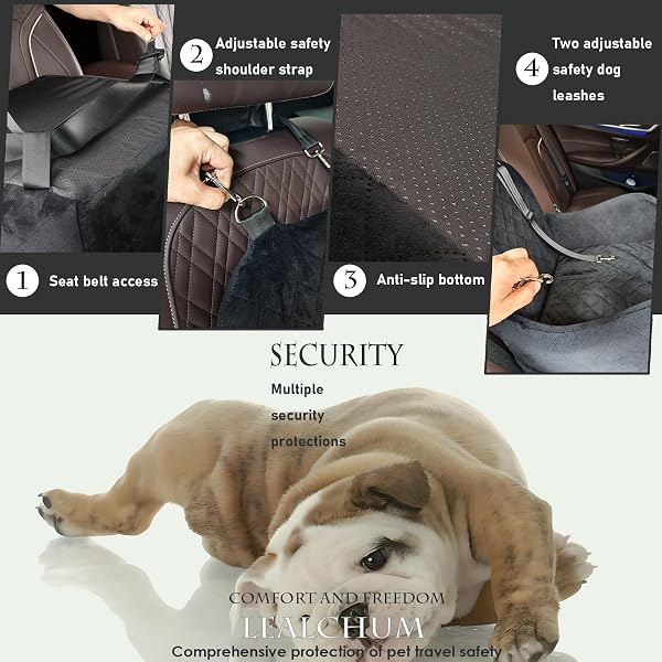 Lealchum Lealchum Dog Booster Car Seat for S/M Dogs Up to 35lbs,Soft 6in Elevated Cushion,Fits in Front/Back Seat,Fully Detachable and Washable,2 Storage Pockets & 3 Straps,Easy to Install (Black/Brown,Medium) in use