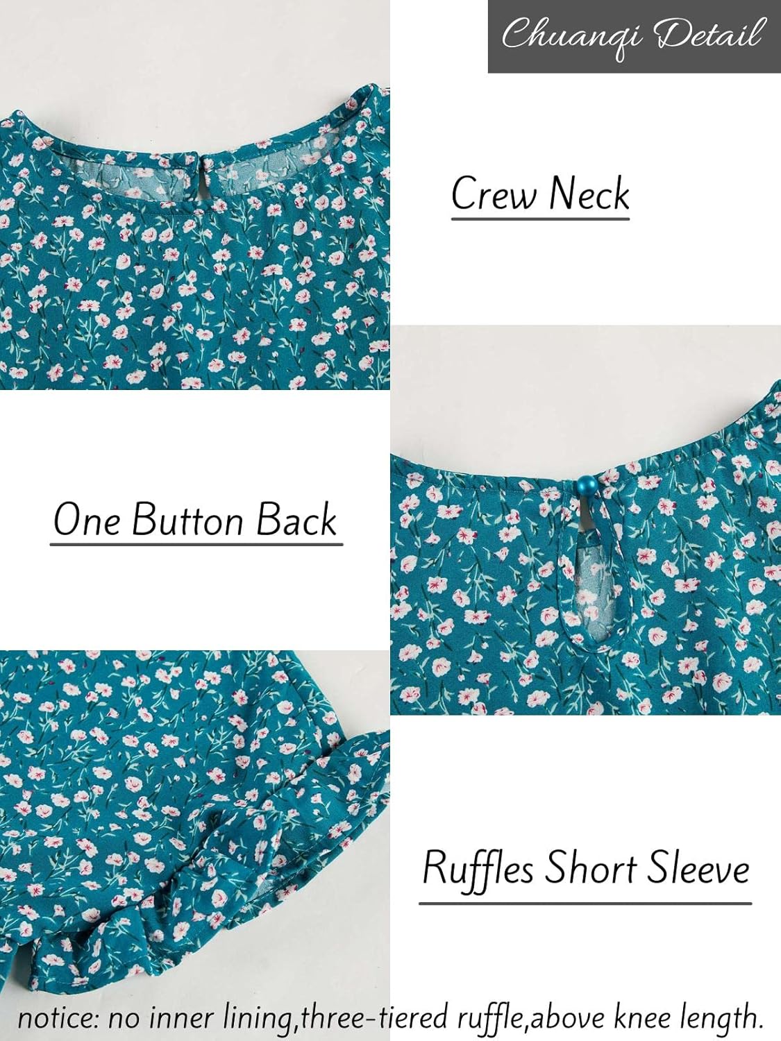 Chuanqi Womens Ruffles Boho Floral Printed Babydoll Loose Swing Casual Short Mini T-Shirt Dress - Image 4