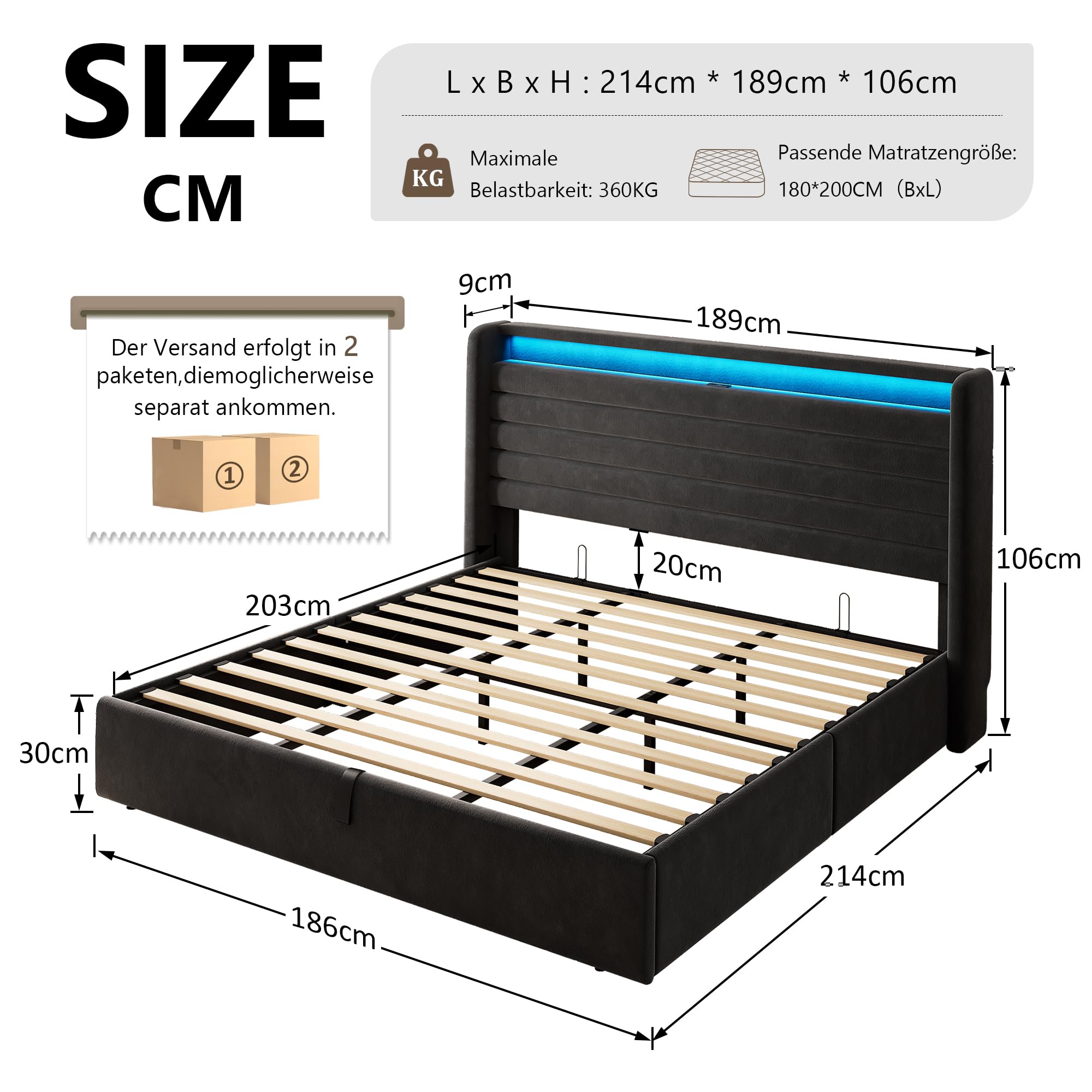 FEONASE Bett 180x200 mit Stauraum, Polsterbett 180x200 cm mit LED-Beleuchtung & Ladestation, Bettgestell mit Hydraulischem und Leinen Kopfteil Stauraum, Lattenrost, Ohne Matratze, Velous Dunkelgrau