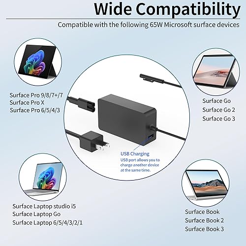 Miniatura 4 de Cargador de 65 W y 44 W compatible con Microsoft Surface Pro 9 8 7+ 7 6 5 4 3 X Surface Laptop 5 4 3 2 1 compatible con modelos 1706 1950 1943 1876