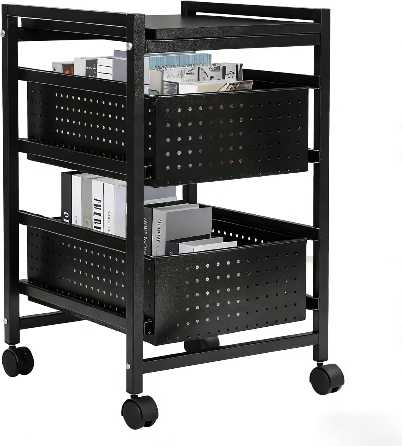 File Storage Drawer Carts with Wheels, Metal Rolling File Cart Mobile Utility Cart with 2 Pull Out Drawers Under Desk Storage Organizer for Home Office Black (A)