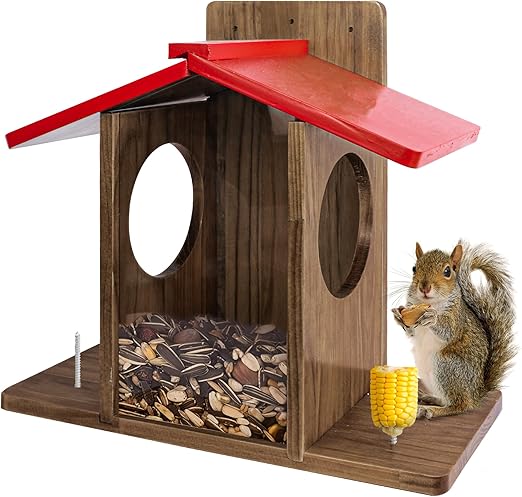 Large Squirrel Feeder, Wooden Chipmunk House for Outside, Peanut and Corn Feeder for Squirrels, Squirrel Feeder Box is Hanging on a Tree, Easy to Clean & Refill, and Rainproof.