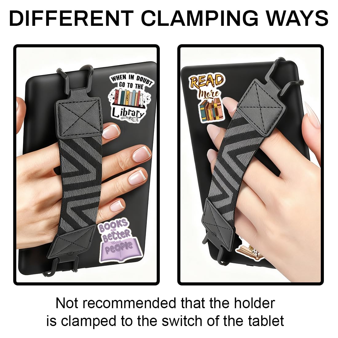 Cinturino da Mano Kindle Elastico Leggero per 6-8'' eReaders Fire Tablet, Supporto a Dito Nero + 50 Adesivi