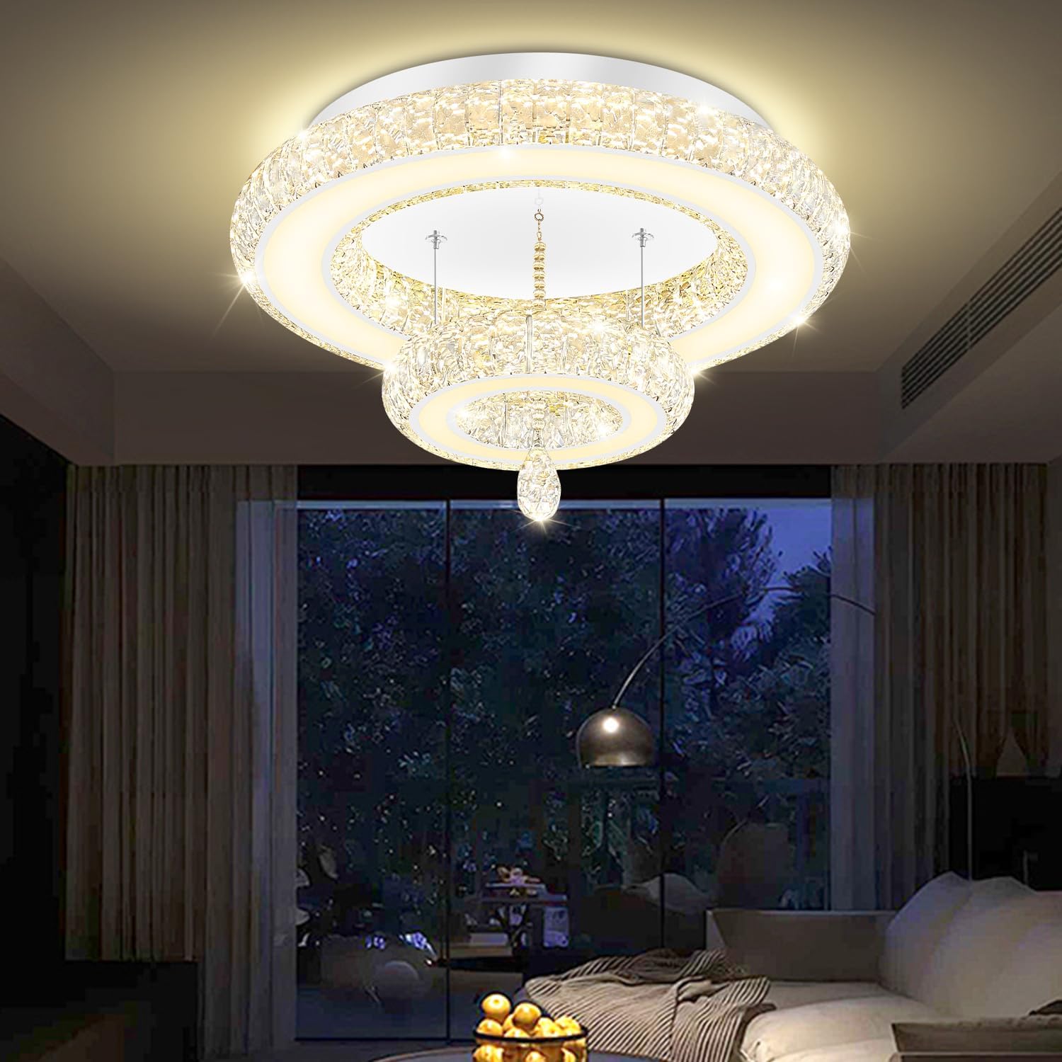 Glam Crystal Ring Chandeliers for Living Room Silver 20in Modern Led Flush Mount Chandelier with K9 Crystal Raindrop