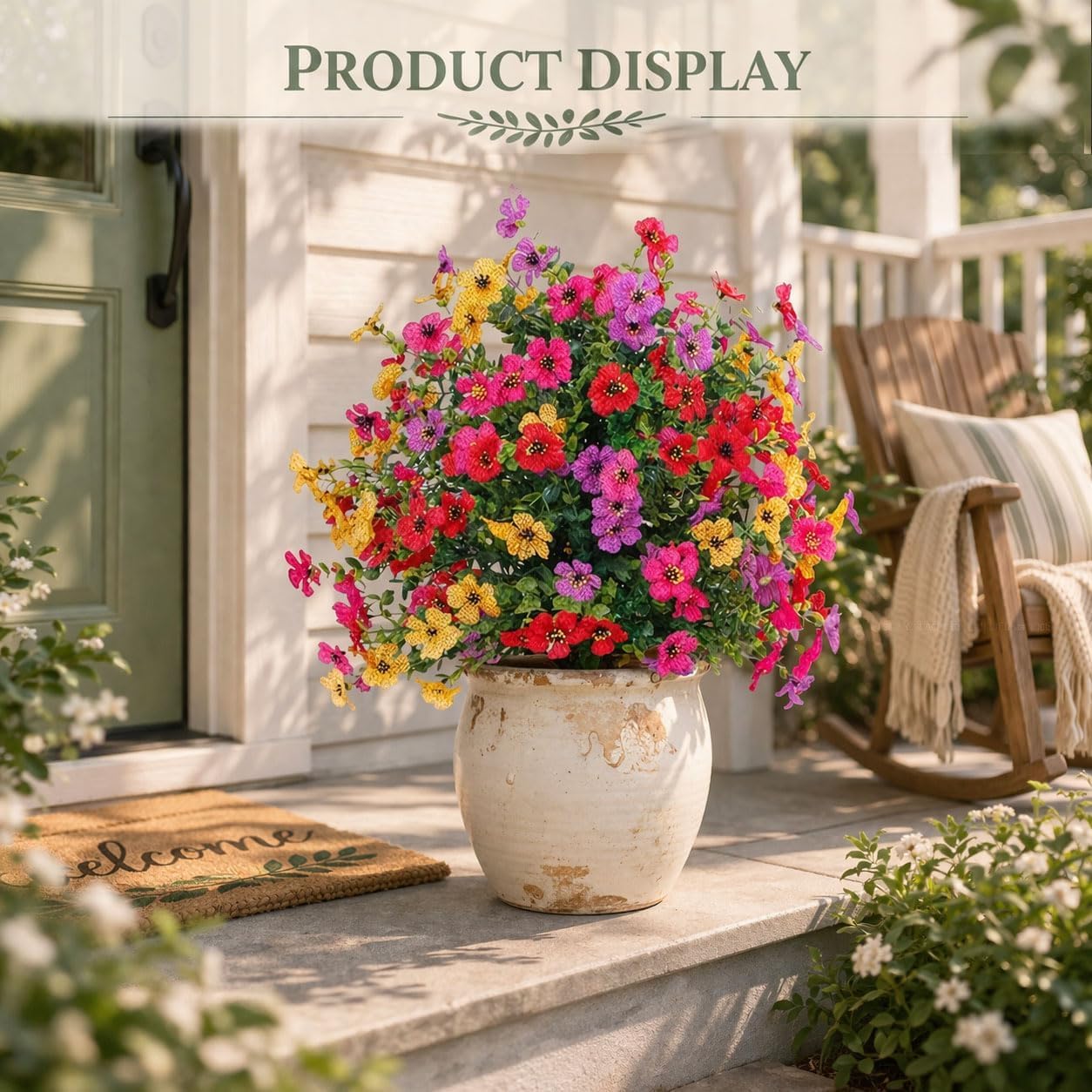 Artificial Petunias with Ground Stake, 22 Inch Faux Outdoor Flowers for Garden Yard Planter Porch Decor (2 Pcs)