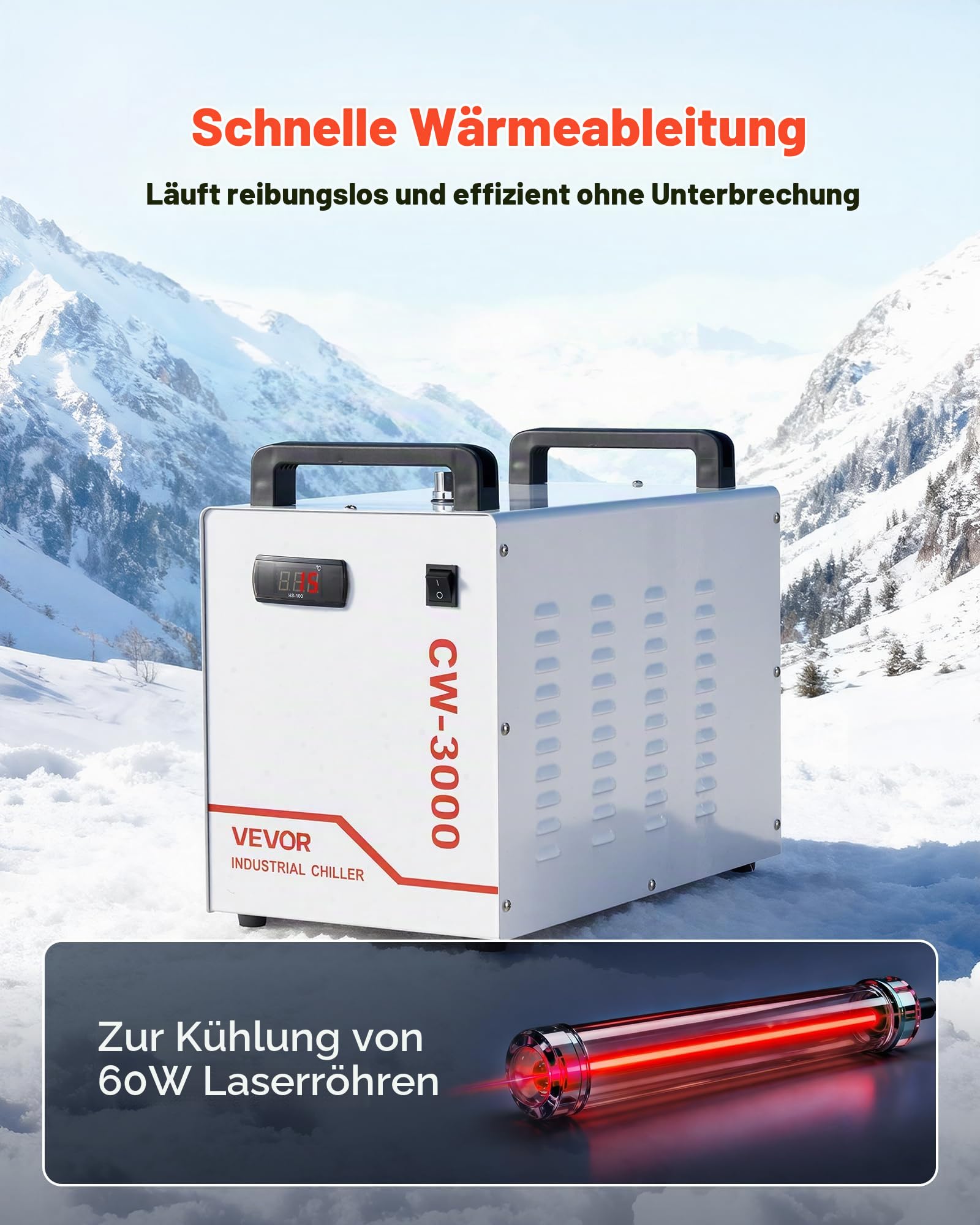 VEVOR Industrieller Wasserkühler CW-3000, luftgekühltes Kühlsystem mit 9-L-Tank, 10 L/min Durchfluss, Kühlgerät mit Hochgeschwindigkeitslüfter, für Lasergravur-&-schneidmaschinen