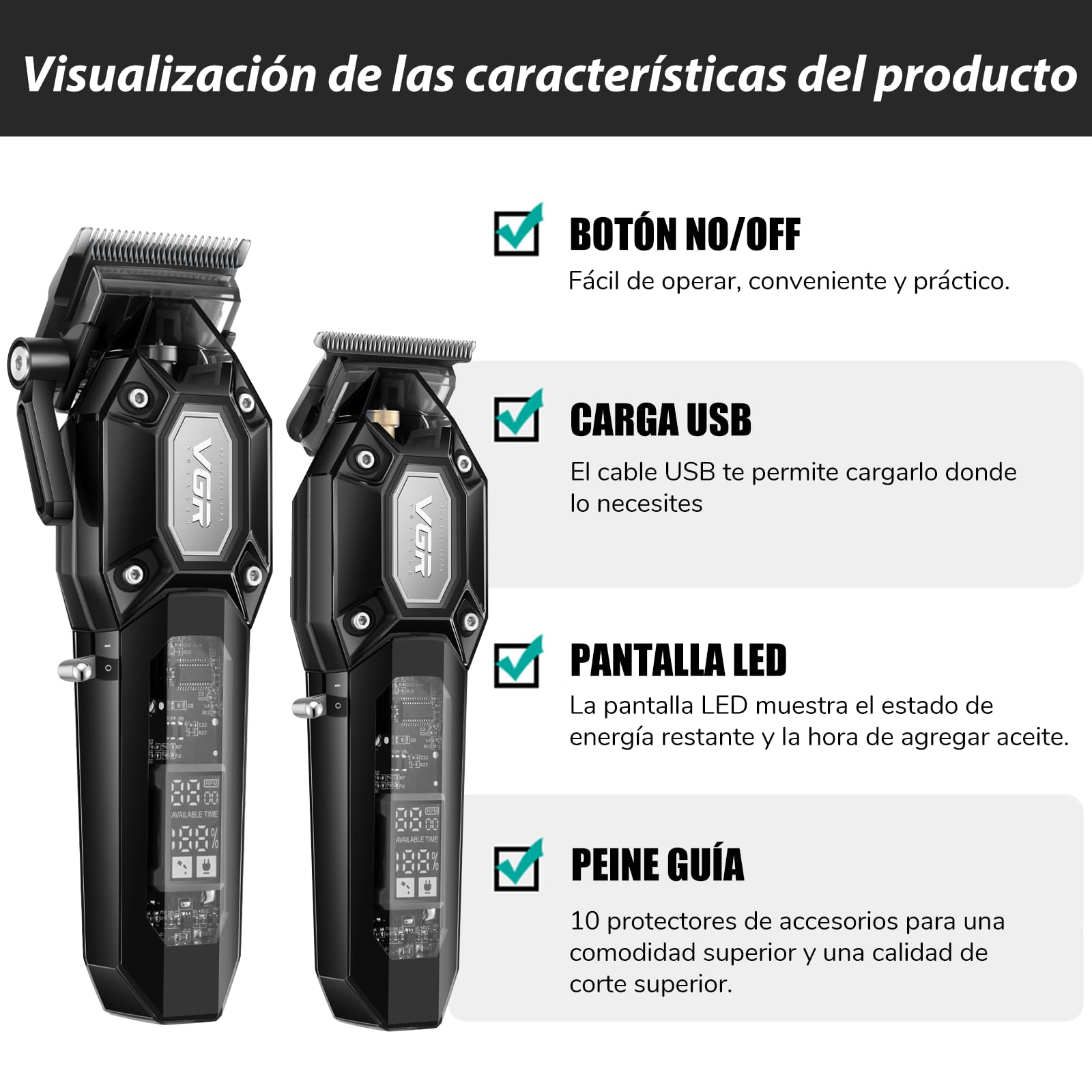 VGR Maquina Cortar Pelo Profesional Inalámbrico Kit con 10 Peines Guía, Pantalla LED, Carga USB, Negro