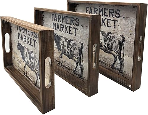 Miniatura 2 de Bandejas decorativas grandes con asa, juego de 3 organizadores de madera rústica anidables, decoración de mercado de agricultores desgastados con