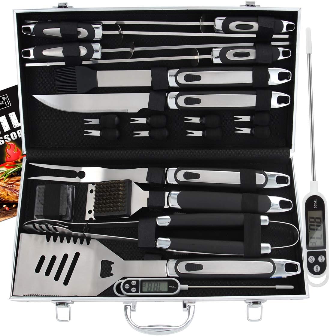 ROMANTICIST21pc BBQ Grill Accessories Set with Thermometer - Heavy Duty Stainless Steel Barbecue Grilling Utensils with Non-Slip Handle in Aluminum Storage Case for Men Women