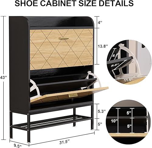 Miniatura 2 de VTRIN Armario de zapatos para entrada, armario de almacenamiento de zapatos con 2 cajones abatibles, organizador de botas de madera resistente,