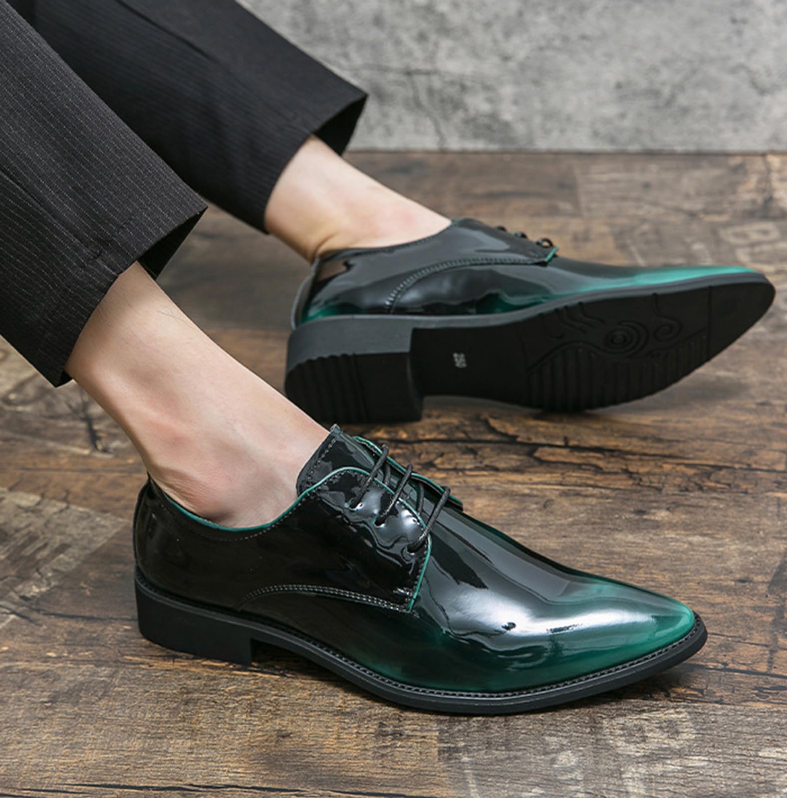 Herren Anzugschuhe Glänzend Lackoptik Derby Schuhe | Elegant Schnürschuhe Rutschfeste Gummisohle Formelle Hochzeit Business Smoking Schuhe Schwarz Grün