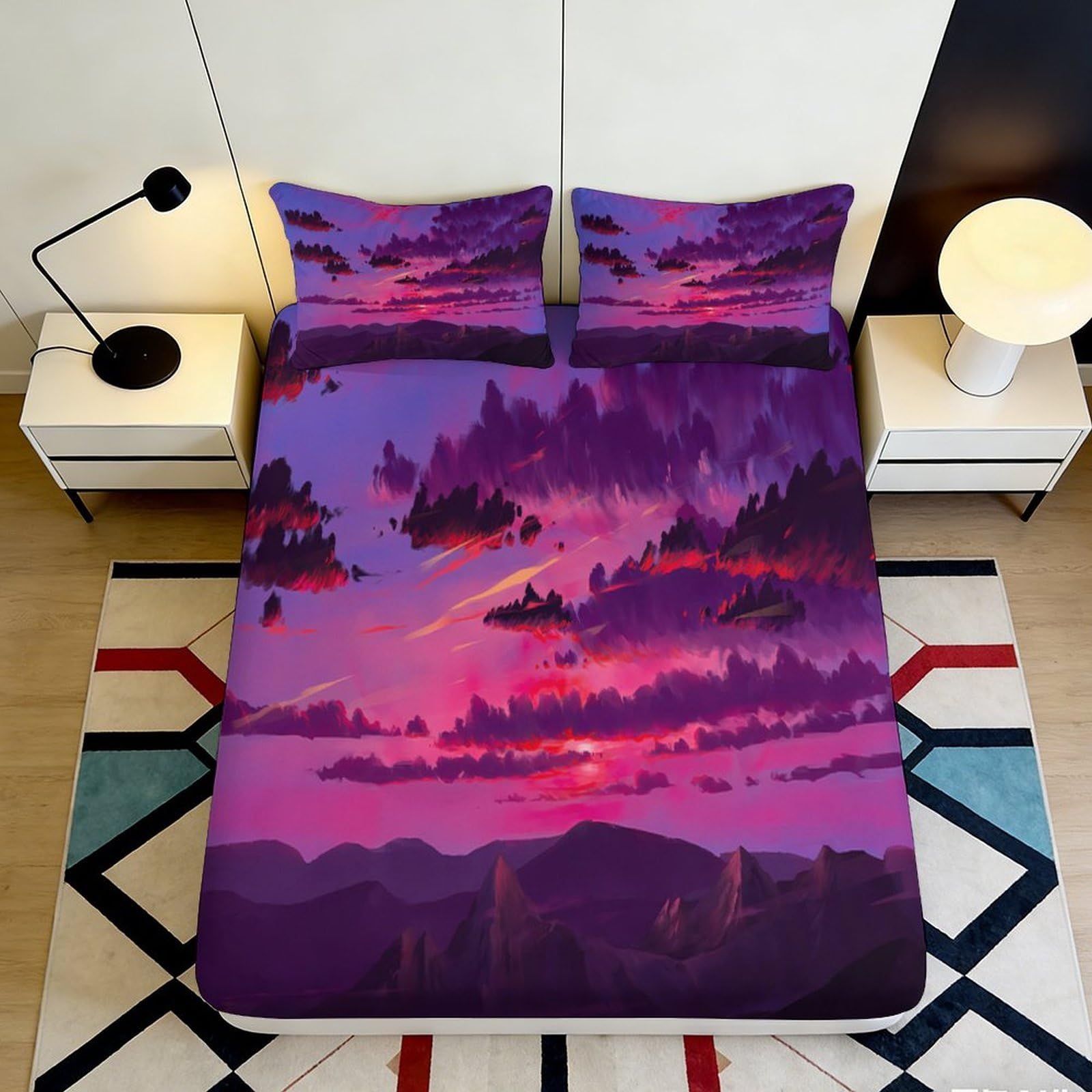 3D Printed Sunset Forest Fitted Sheet Microfiber Soft Purple Mountain Mattress Cover for Bedroom Decor Protection 90x200x25cm