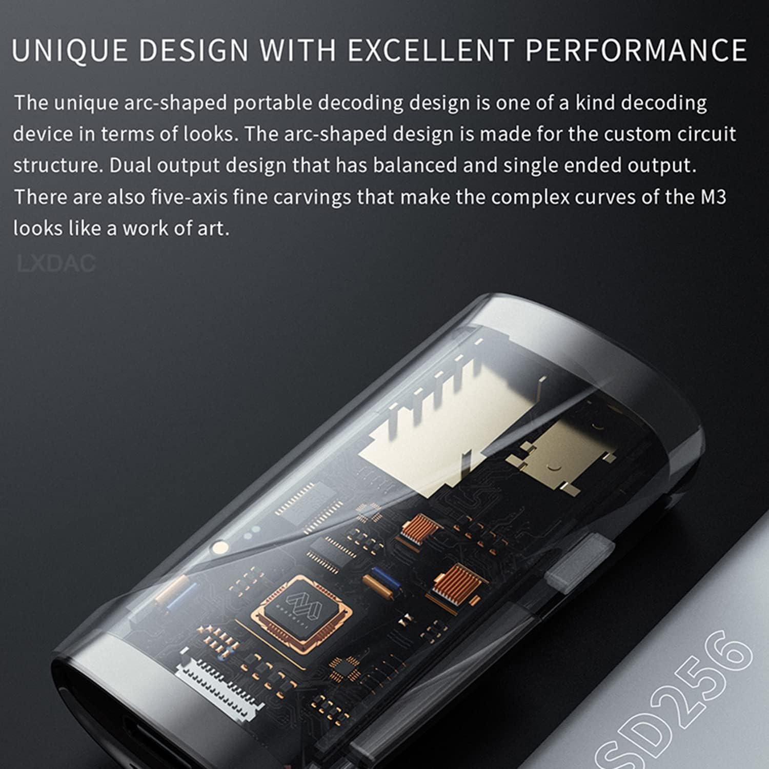 Close-up view of the MUSEHIFI M3's internal components through a transparent casing, highlighting its unique circuit structure.