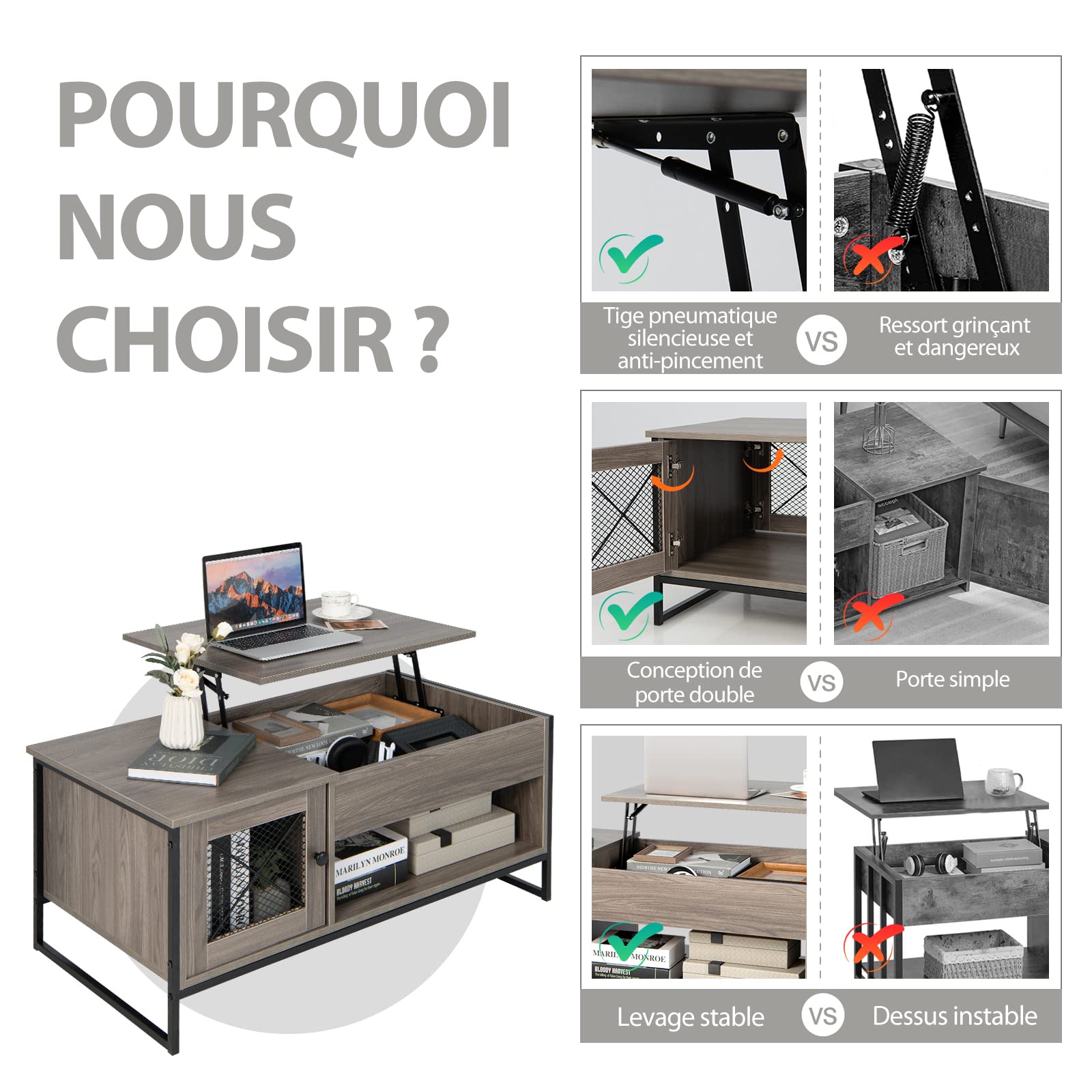 COSTWAY Table Basse Relevable avec Compartiment Ouvert et Placard 2 Portes
